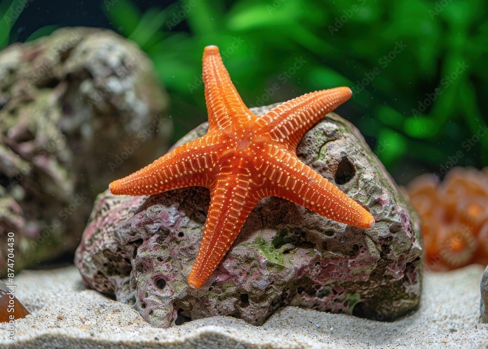 Vibrant orange starfish on rocky underwater surface Vibrant orange starfish on rocky underwater surface