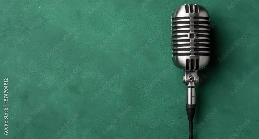 Fototapeta premium vintage microphone on green chalkboard background