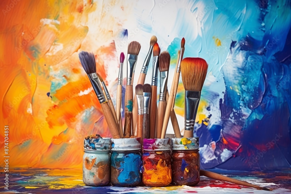 Fototapeta premium A set of art brushes on the background of an artistic canvas with multicolored paint strokes.