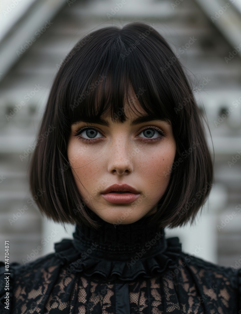 Mysterious woman with dark hair and piercing eyes Mysterious woman with dark hair and piercing eyes