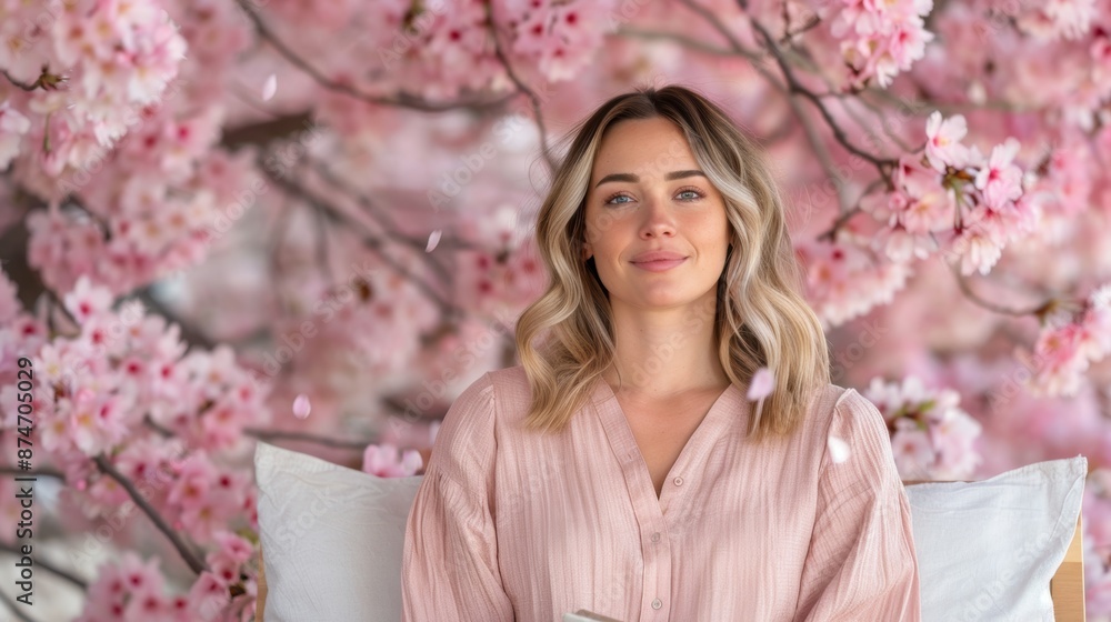 woman in pink blouse surrounded by cherry blossoms woman in pink blouse surrounded by cherry blossoms