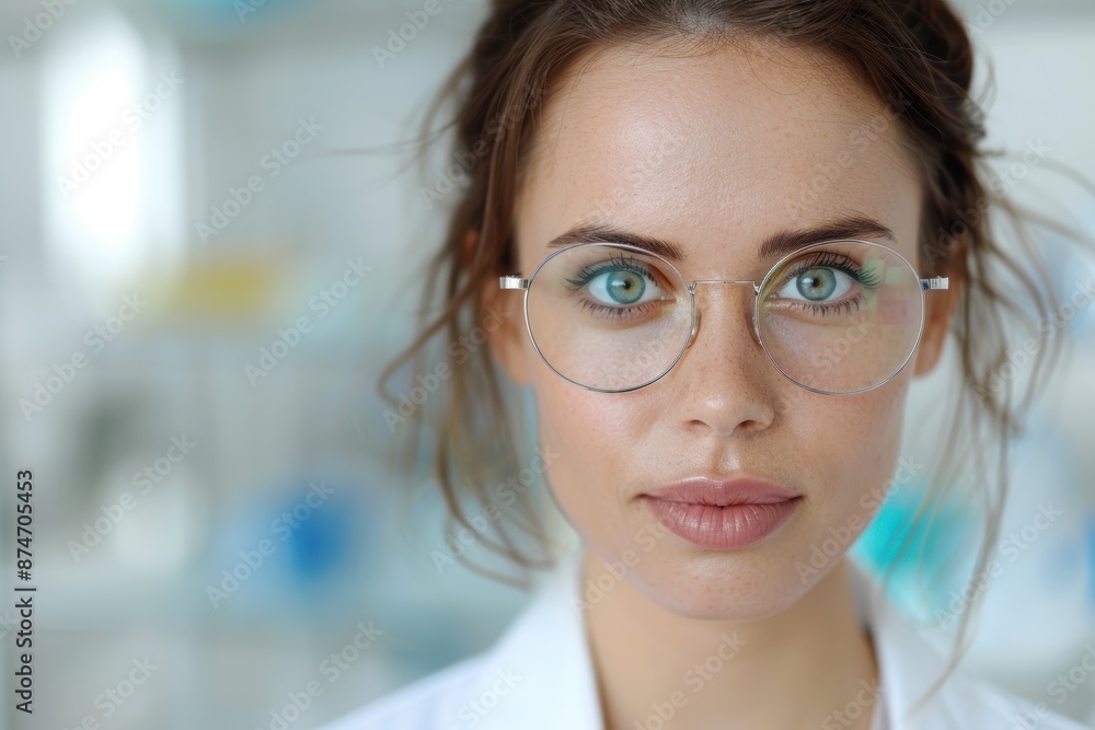 close-up portrait of a young woman with glasses