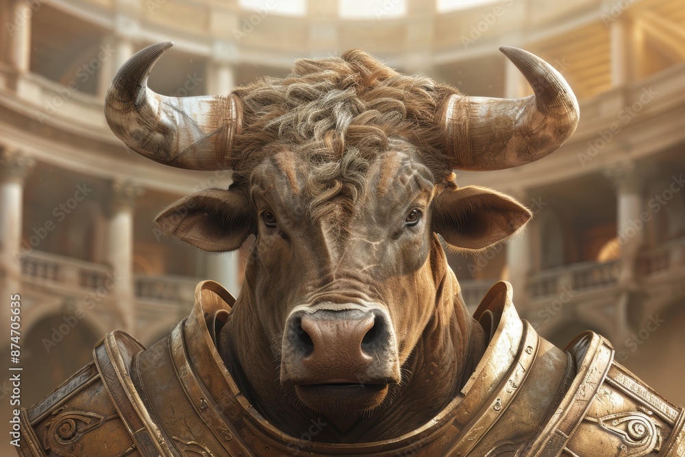 Powerful horned bull in ornate armor Powerful horned bull in ornate armor