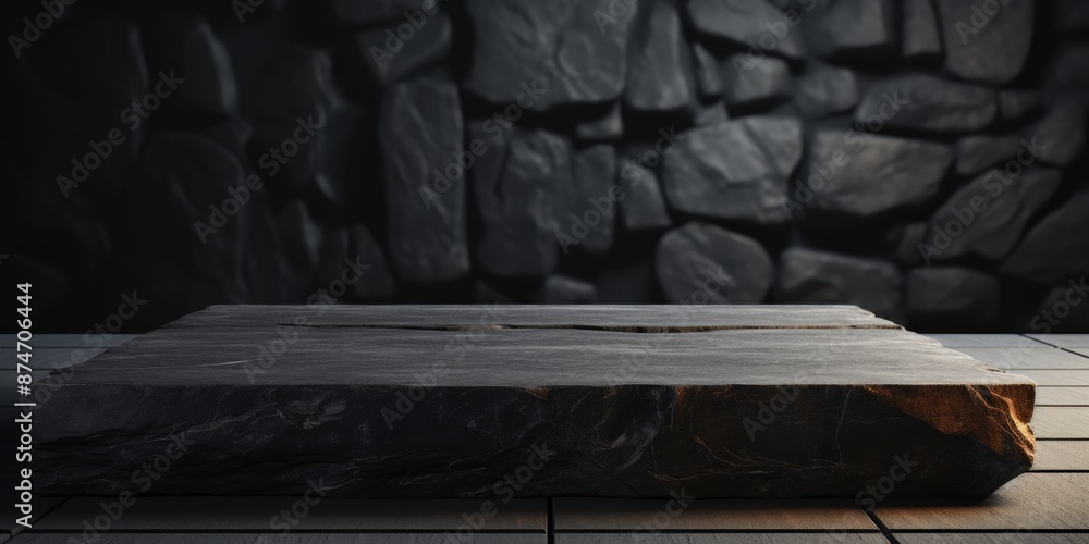 Dark and mysterious stone platform on wooden surface with blurred rocky background Dark and mysterious stone platform on wooden surface with blurred rocky background