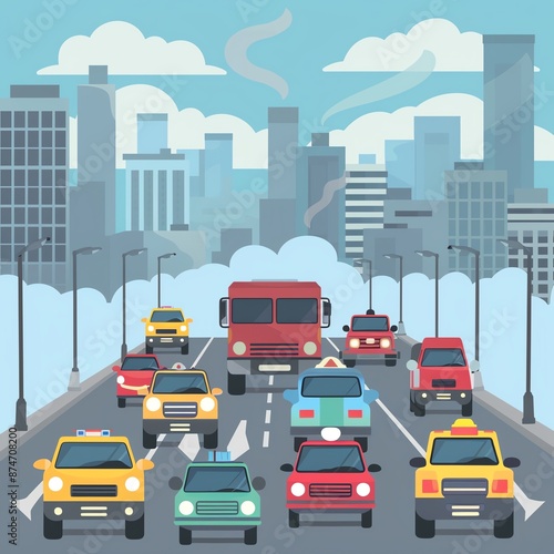 Vehicles causing air pollution, traffic scene, flat design illustration