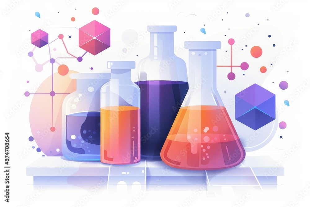 Chemistry setup with blue and yellow liquids in glass flasks, accompanied by molecular models on a white platform, illustrating scientific experimentation and discovery. Chemistry setup with blue and yellow liquids in glass flasks, accompanied by molecular models on a white platform, illustrating scientific experimentation and discovery.