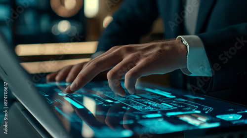 Person typing on laptop with blue screen