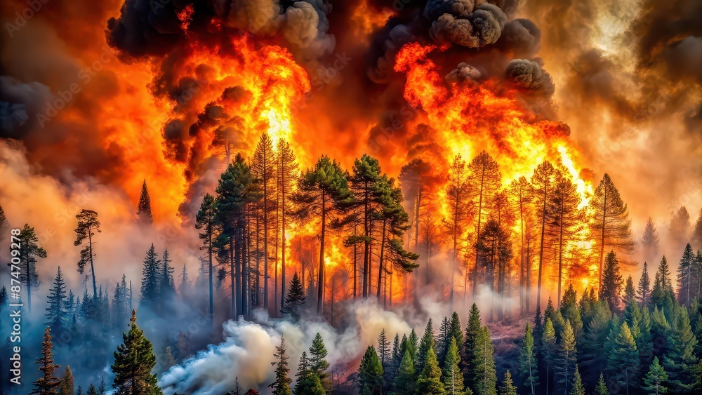 Fototapeta premium Raging forest fire consuming trees, ashes flying, smoke obscuring view, wildfire, devastation, destruction, flames, inferno