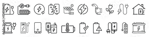 Line icons about battery charging. Contains such icons as charger, ev charger station, power bank, solar charging and more. Editable vector stroke. Isolated on transparent background.