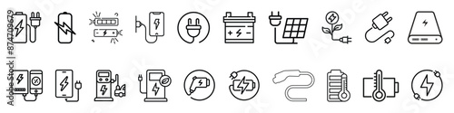 Line icons about battery charging. Contains such icons as charger, ev charger station, power bank, solar charging and more. Editable vector stroke. Isolated on transparent background.