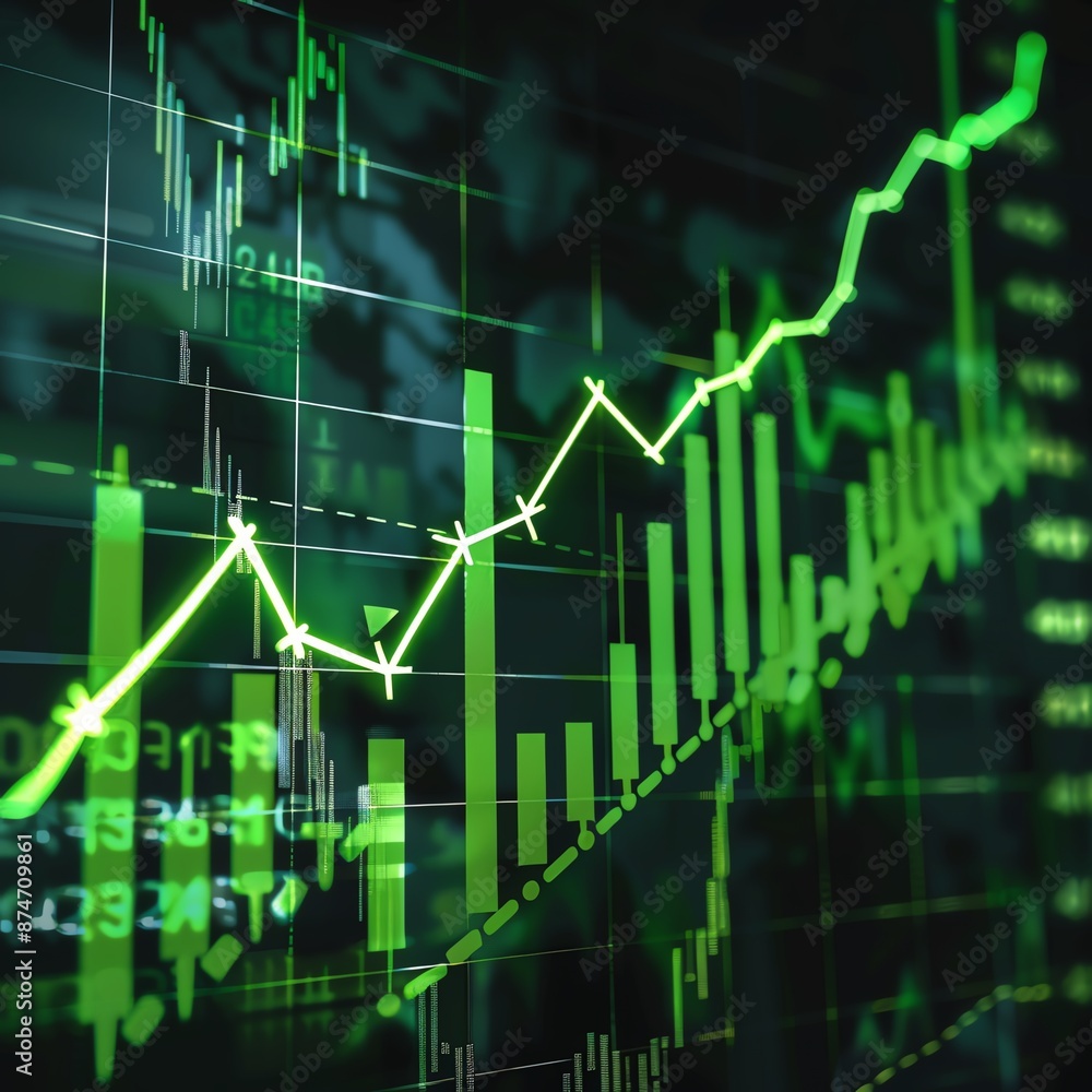 Fototapeta premium Graph showing sharp increase in stock prices with green arrows and financial charts, [stock price rise], [economic boom]