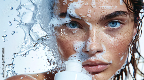 High-end hair shampoo brand campaign featuring top model with wet hair, bubbles, and white bottle photo