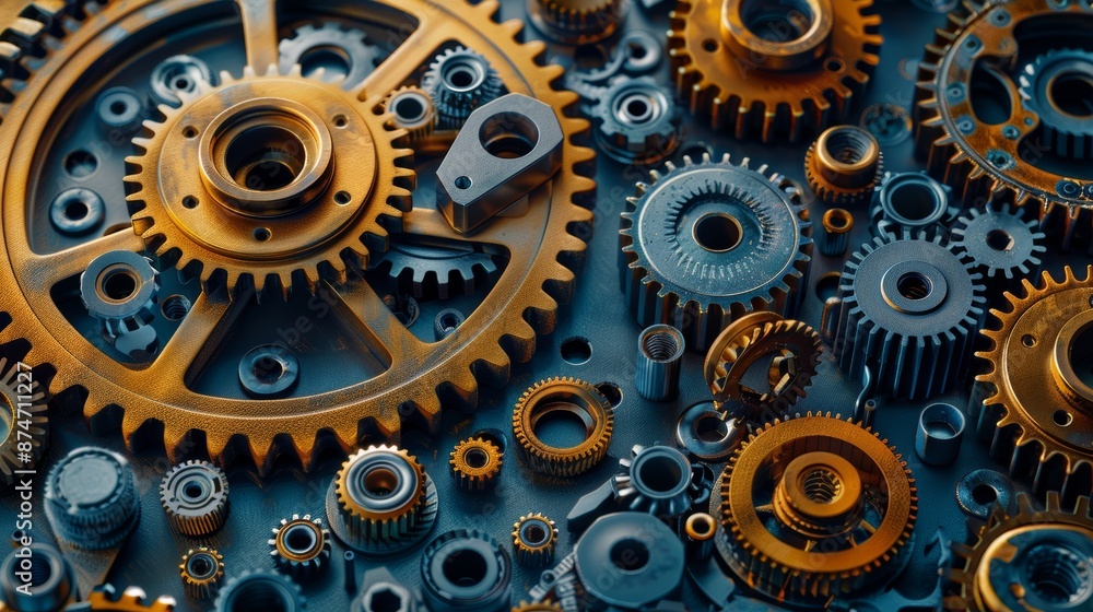 An array of mechanical parts and units, intricately arranged, showcasing different elements of machinery in a modern, industrial setting An array of mechanical parts and units, intricately arranged, showcasing different elements of machinery in a modern, industrial setting