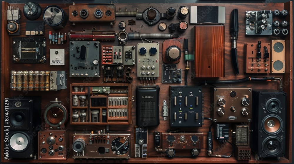 An assortment of technological components and pieces, meticulously displayed, emphasizing the intricacy and precision of each unit An assortment of technological components and pieces, meticulously displayed, emphasizing the intricacy and precision of each unit