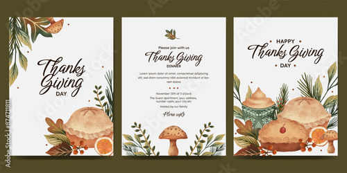 Thanksgiving day poster set with hot drink, pie, food, sweets, orange slice, autumn leaves, mushroom, berries. fall concept for autumn poster, flyer,  greeting card, stories, invitation.