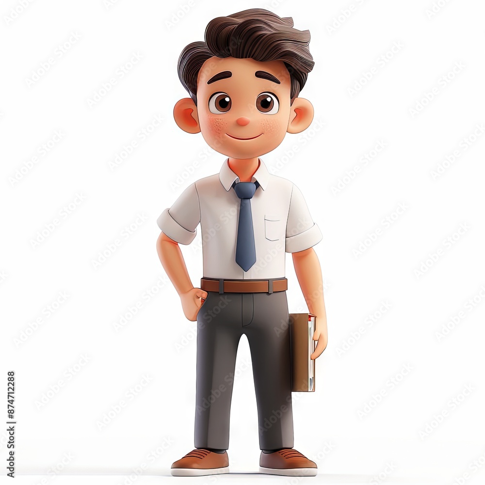 A 3D cartoon character of a young professional man in an office setting. He is dressed in a white shirt, black tie, beige pants, and brown shoes. He is holding a brown briefcase. A 3D cartoon character of a young professional man in an office setting. He is dressed in a white shirt, black tie, beige pants, and brown shoes. He is holding a brown briefcase.
