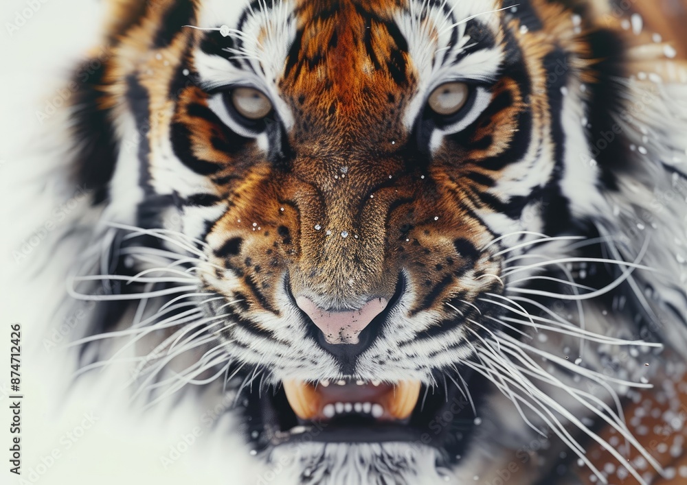Close-up portrait of a tiger's face, with its teeth bared. Close-up portrait of a tiger's face, with its teeth bared.