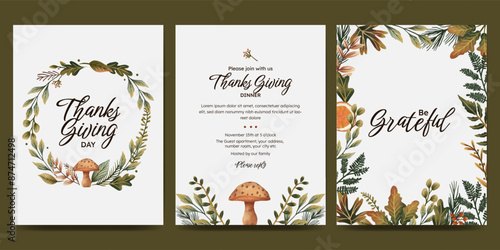 Thanksgiving day poster set with autumn wreath, autumn leaves, mushroom, berries. fall concept for autumn poster, flyer,  greeting card, stories, invitation. botanical illustration.