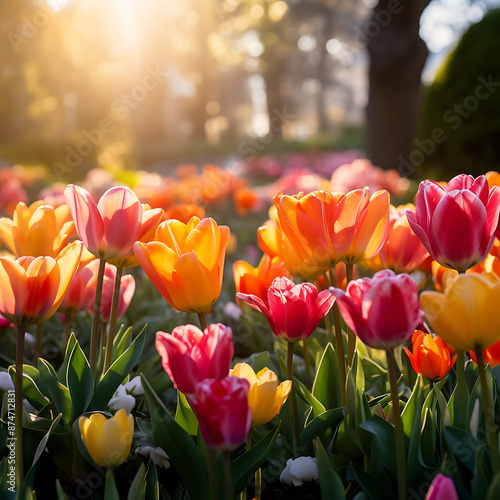 Colorful tulip flowers blooming in the garden. Spring nature background