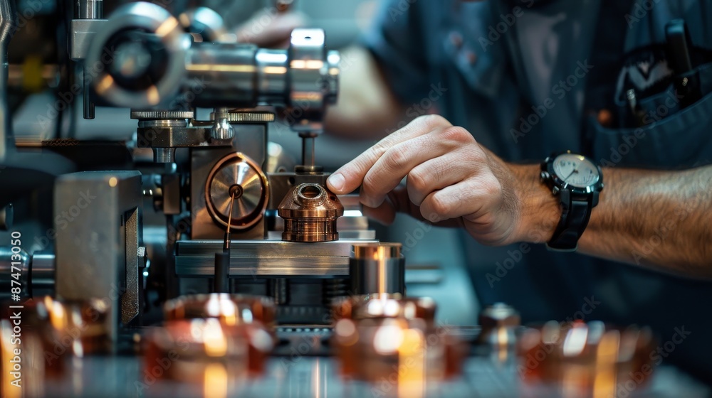 Detailed close-up of a technician calibrating copper parts, sophisticated instruments and gauges, highlighting precision and craftsmanship Detailed close-up of a technician calibrating copper parts, sophisticated instruments and gauges, highlighting precision and craftsmanship