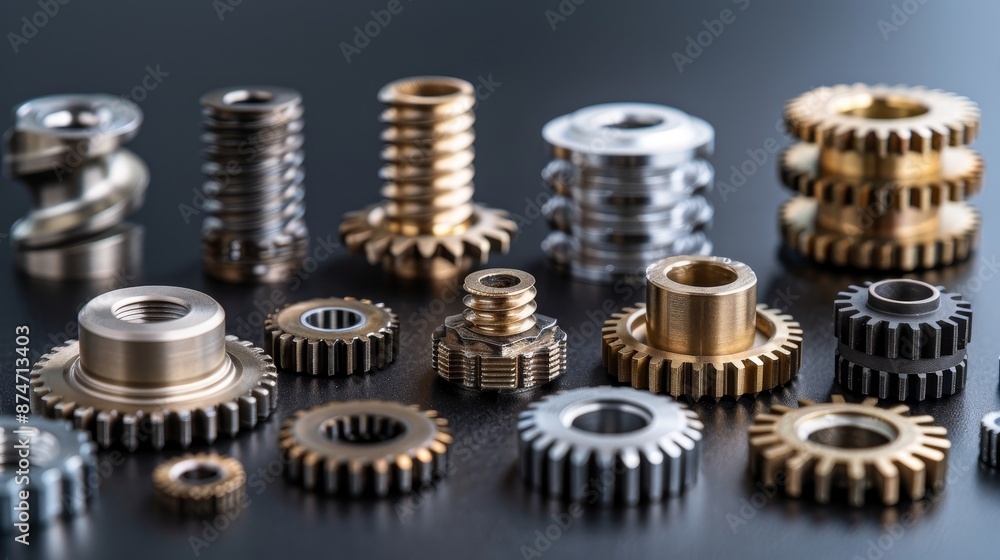 Elegant arrangement of various gears and sprockets, focused on the detailed texture of each tooth, set against a modern, clean background Elegant arrangement of various gears and sprockets, focused on the detailed texture of each tooth, set against a modern, clean background