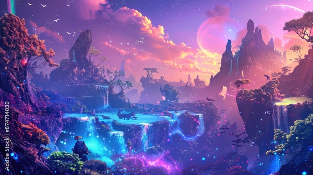 Obraz premium Surreal fantasy landscape with glowing waterfalls and a pink moon.