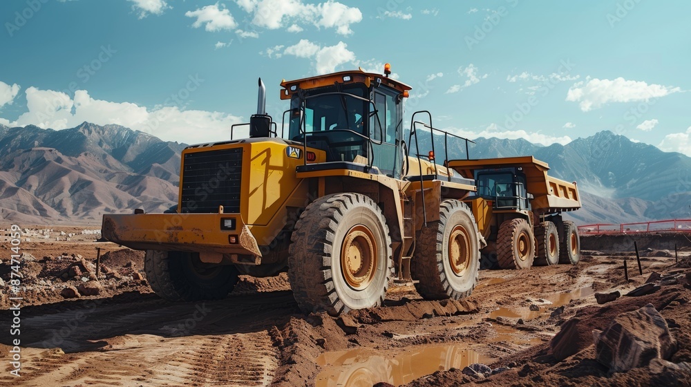 Heavy-duty construction machines, powerful equipment at a busy worksite, rugged and durable design, showcasing strength and capability Heavy-duty construction machines, powerful equipment at a busy worksite, rugged and durable design, showcasing strength and capability