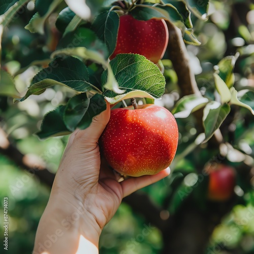 Close-up of a hand plucking a fresh apple from a tree, vibrant red fruit against green leaves, bright afternoon light, crisp and detailed. photo