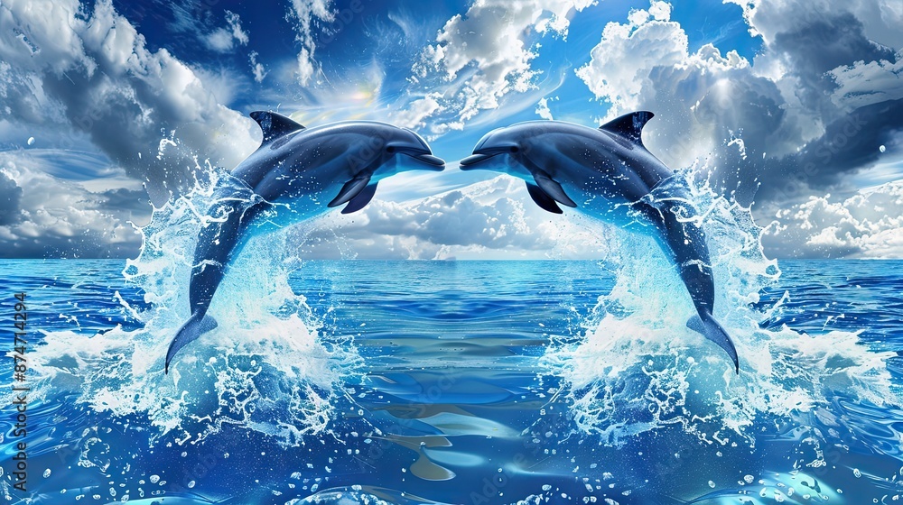 Fototapeta premium Synchronized Dolphins Leaping in Joyful Blue Waters - Digital Art Ocean Scene