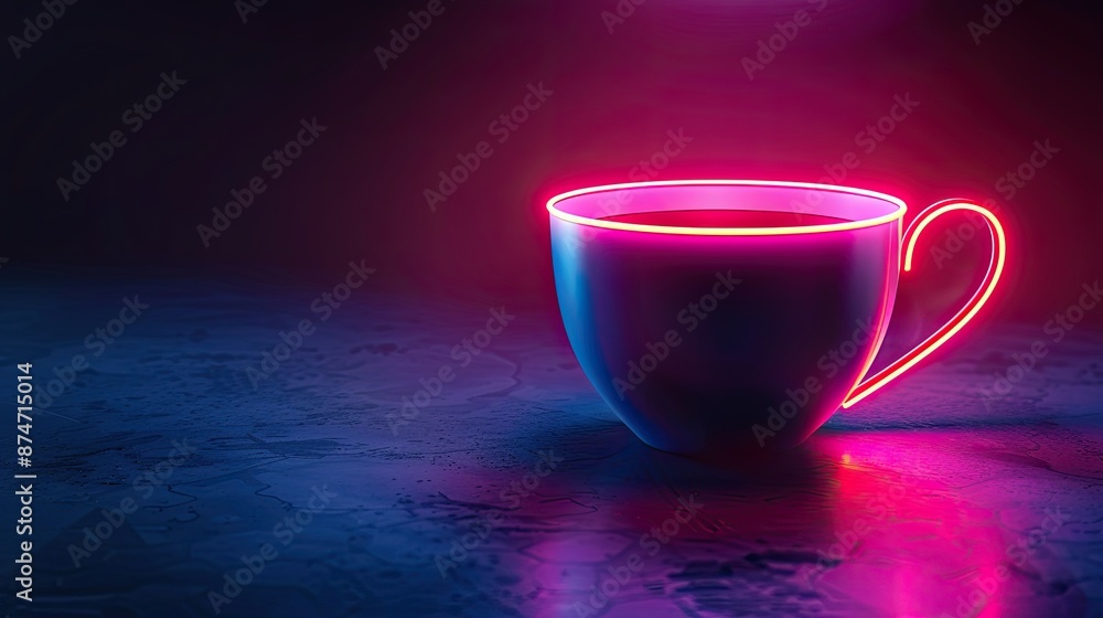 Neon Cyberpunk Coffee Break: Futuristic Coffee Cup with Copy Space on Dark Background, Office Relaxation Symbol Neon Cyberpunk Coffee Break: Futuristic Coffee Cup with Copy Space on Dark Background, Office Relaxation Symbol