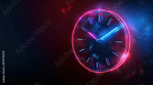 Cyberpunk Neon Digital Clock on Dark Background with Copy Space for Time Management Concept