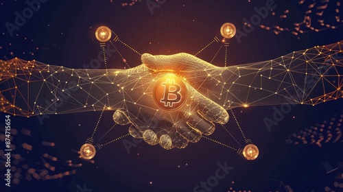 Two hands reaching out to shake with a glowing bitcoin in the center. The background is a dark blue with glowing yellow and orange lines. photo