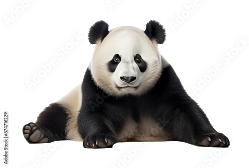 a panda is sitting on his thigh and is resting on something isolated on transparent background With clipping path.3d render