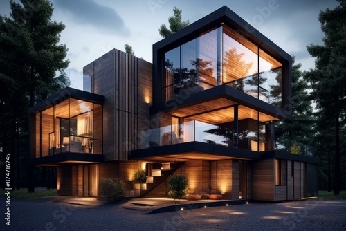 Stunning contemporary home illuminated at dusk with forest background