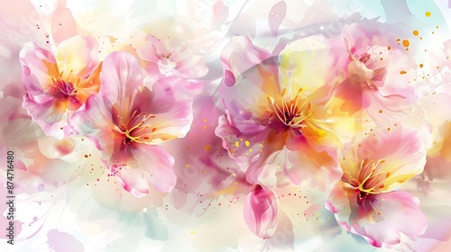 Abstract floral design with pink and yellow blossoms, dreamy watercolor effect