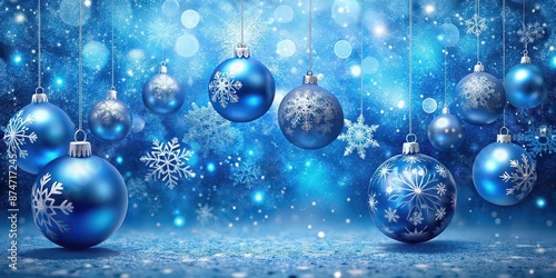 Blue Christmas background with snowflakes and Christmas balls, winter, holiday, festive, seasonal, December, cold