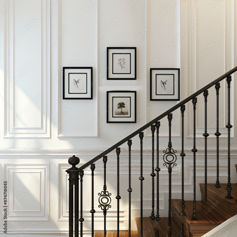 Mock up black photo frame on white gallery wall, gallery art on vintage black staircase, luxury interior art Mock up black photo frame on white gallery wall, gallery art on vintage black staircase, luxury interior art