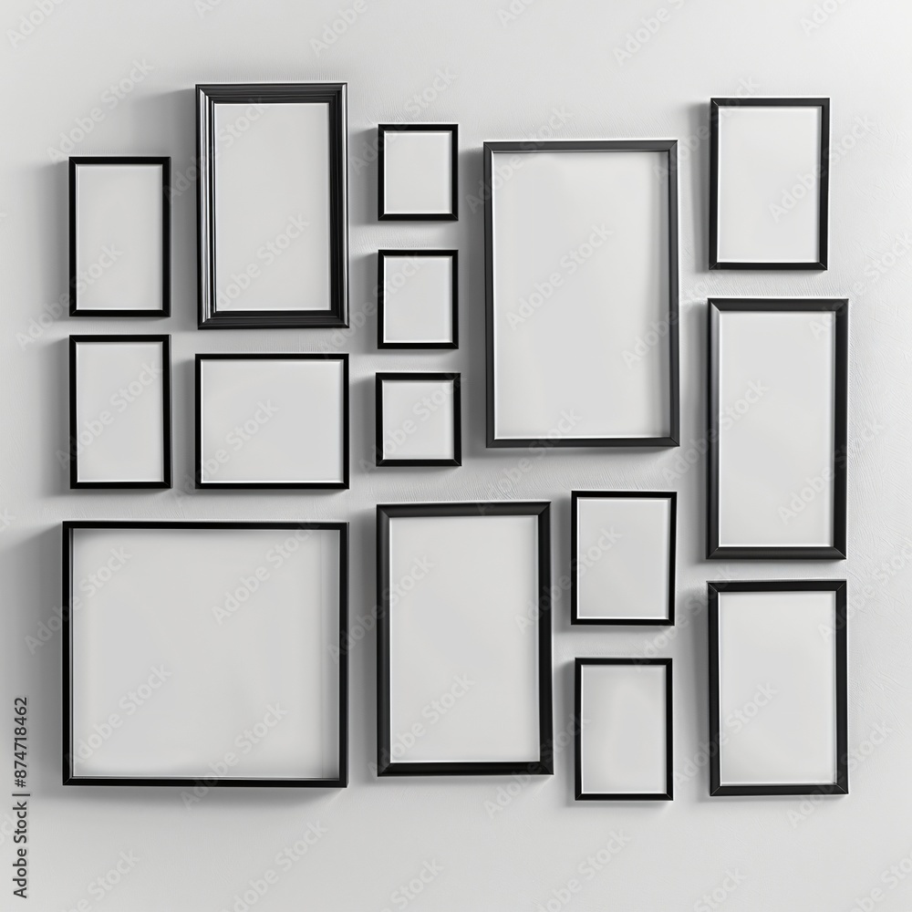 realistic mock up black modern empty photo frame, gallery wall on simple white wall realistic mock up black modern empty photo frame, gallery wall on simple white wall