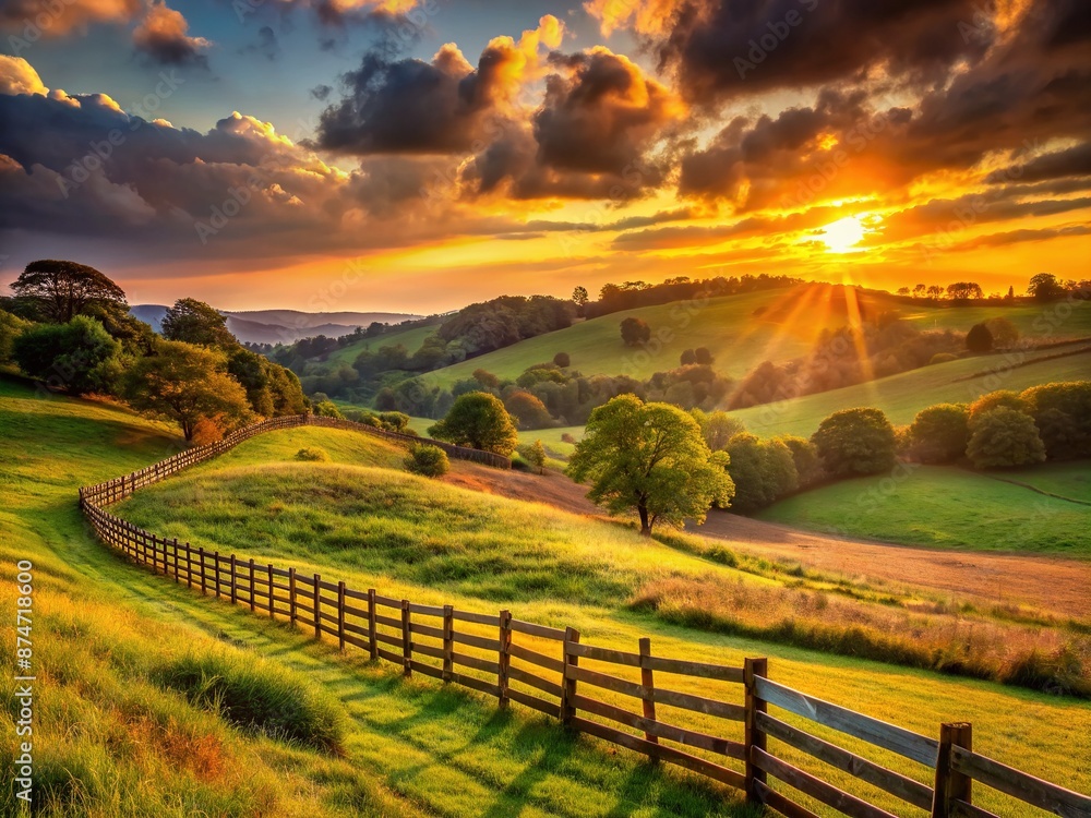 Naklejka premium Warm orange hues spread across a serene rural landscape as the sun dips below a rolling hill, casting a golden glow on verdant fields and rustic fences.