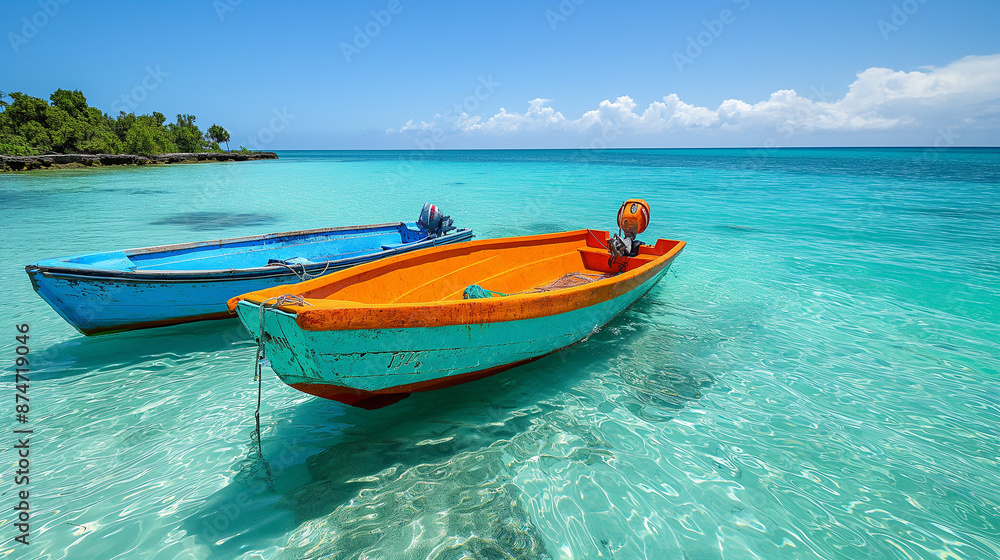 Two colorful wooden fishing boats floating on calm turquoise water near tropical island Two colorful wooden fishing boats floating on calm turquoise water near tropical island
