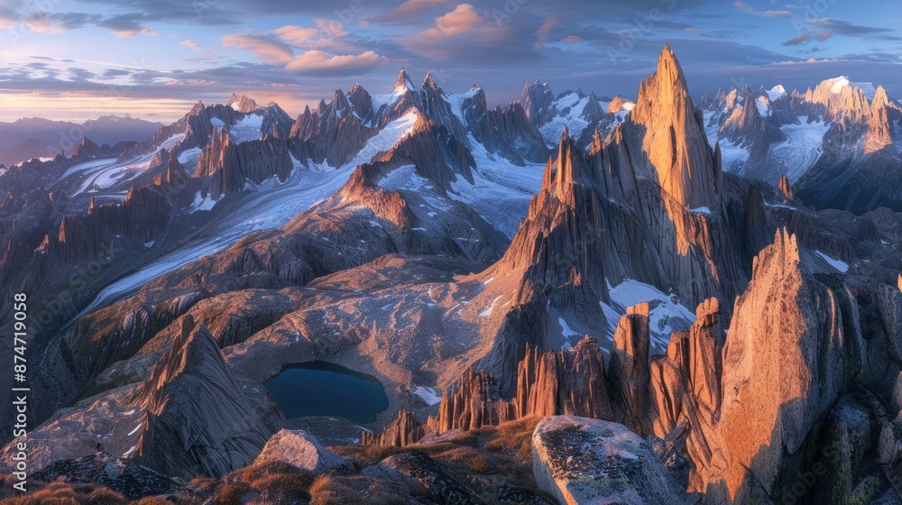 Obraz premium A stunning mountain range with jagged peaks and pristine alpine lakes, illuminated by the warm light of dawn.