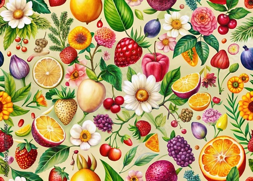 Vibrant colorful abstract floral fruits seamless pattern featuring blooming flowers, juicy fruits, and lush greenery on a creamy white background for versatile design uses.