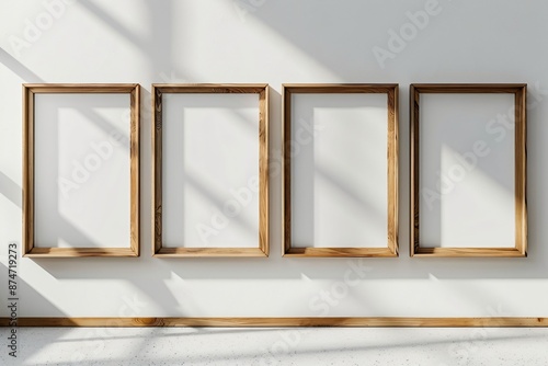 realistic mock up  vertical empty wooden photo frame, gallery wall on minimal white wall, Japanese style 