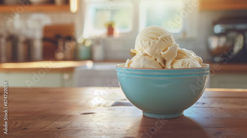 Bowl of creamy homemade vanilla ice cream in a bright kitchen