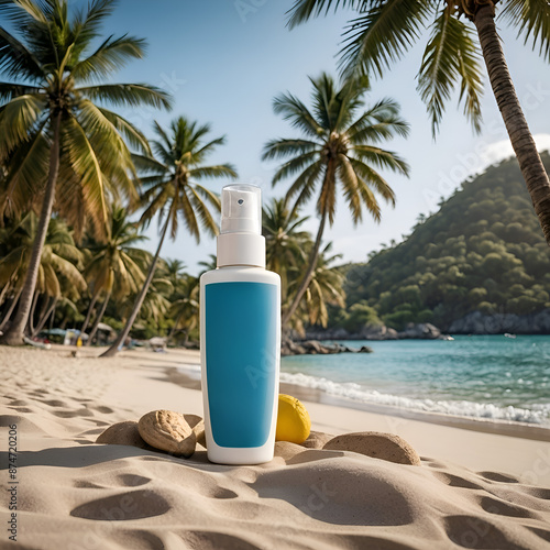 Diseño de producto bote de crema solar en una playa paradisiaca con palmeras