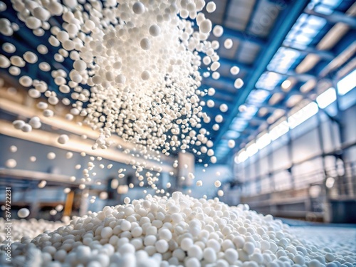 Softly falling white polypropylene granules in slow motion, suspended in mid-air, close-up view, against a blurred factory background, nonwoven fabric production process in action.