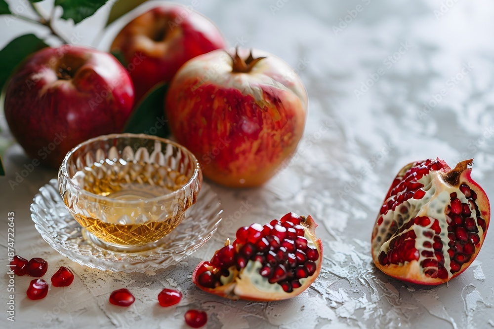 Apples, pomegranate and honey on a light background. Traditional Jewish food. New Year - Rosh Hashanah. Apples, pomegranate and honey on a light background. Traditional Jewish food. New Year - Rosh Hashanah.