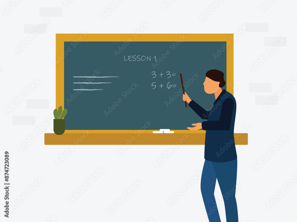 A male teacher teaches lessons on a chalk board to students in class. Teacher standing in front of blackboard. flat vector illustration. A male teacher teaches lessons on a chalk board to students in class. Teacher standing in front of blackboard. flat vector illustration.