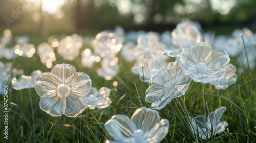 Delicate airfilled flowers crafted from translucent material float gently above a grassy field creating a dreamy and whimsical atmosphere