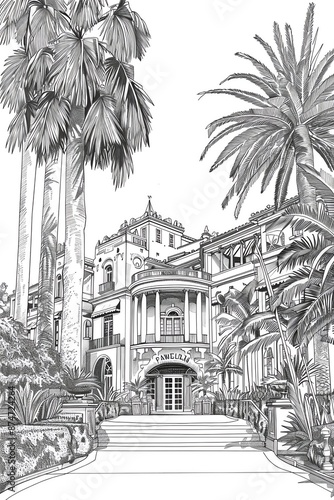 The majestic hotel stood proudly, its elegant facade adorned with intricate details